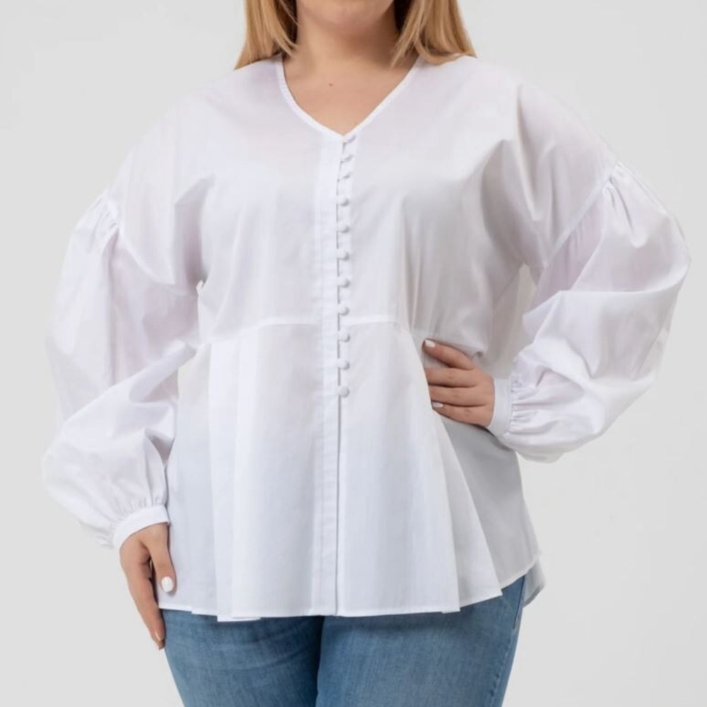 Harshman Billie Shirt Blouse 3X White VNeck Button Front Balloon Sleeve Plus Top